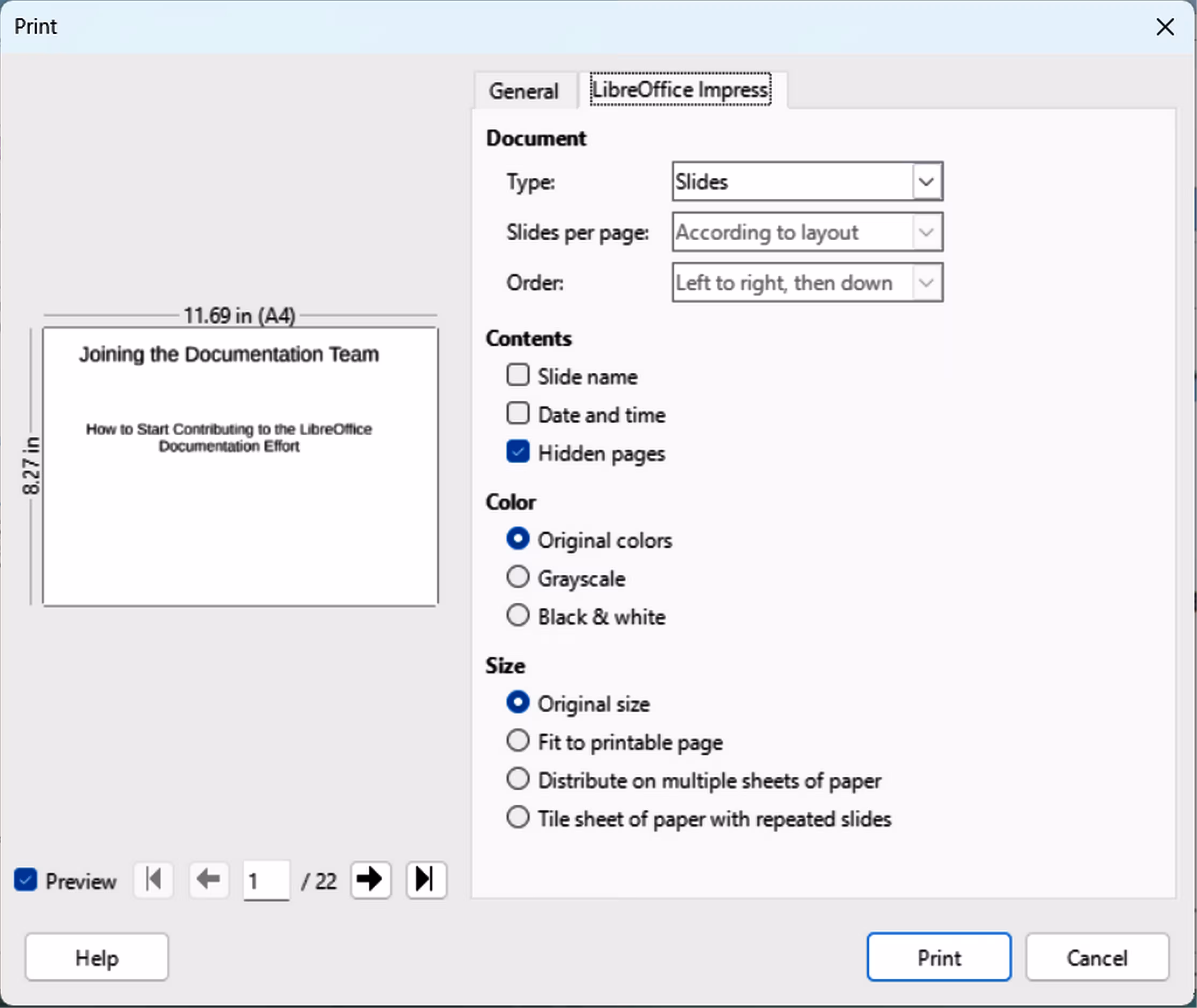Print dialog — LibreOffice Impress Notes — Windows