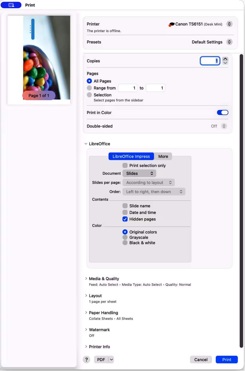 Print dialog — LibreOffice Impress Notes — macOS