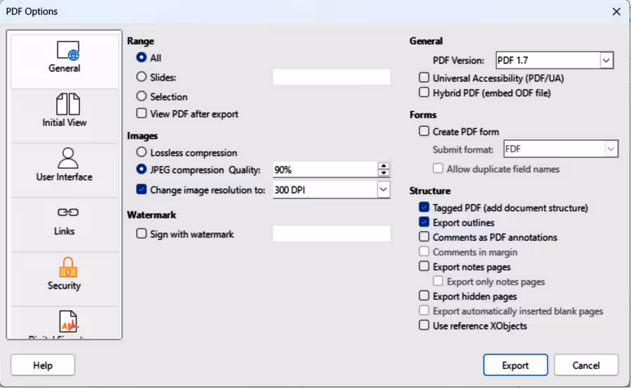 PDF Options dialog — General page