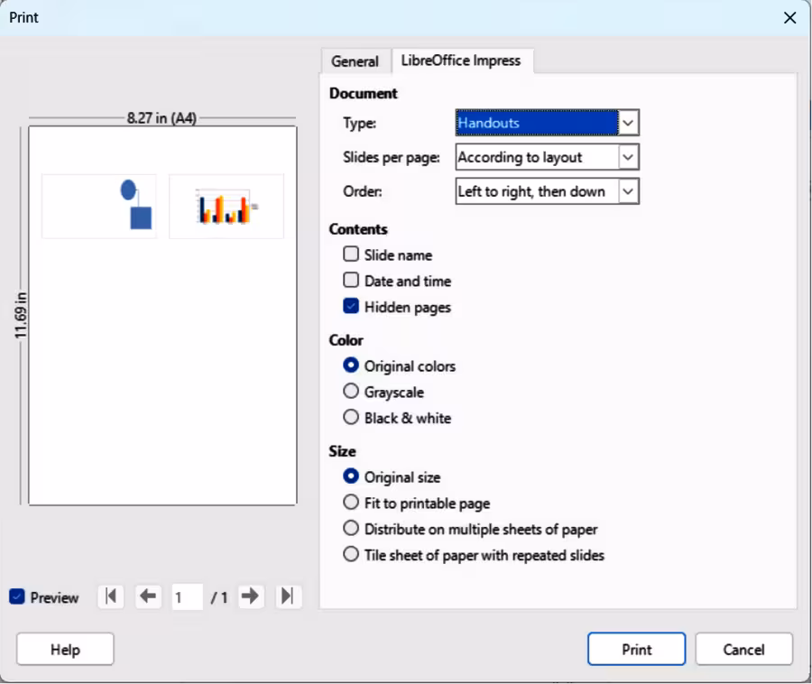Print dialog — LibreOffice Impress — Handouts page