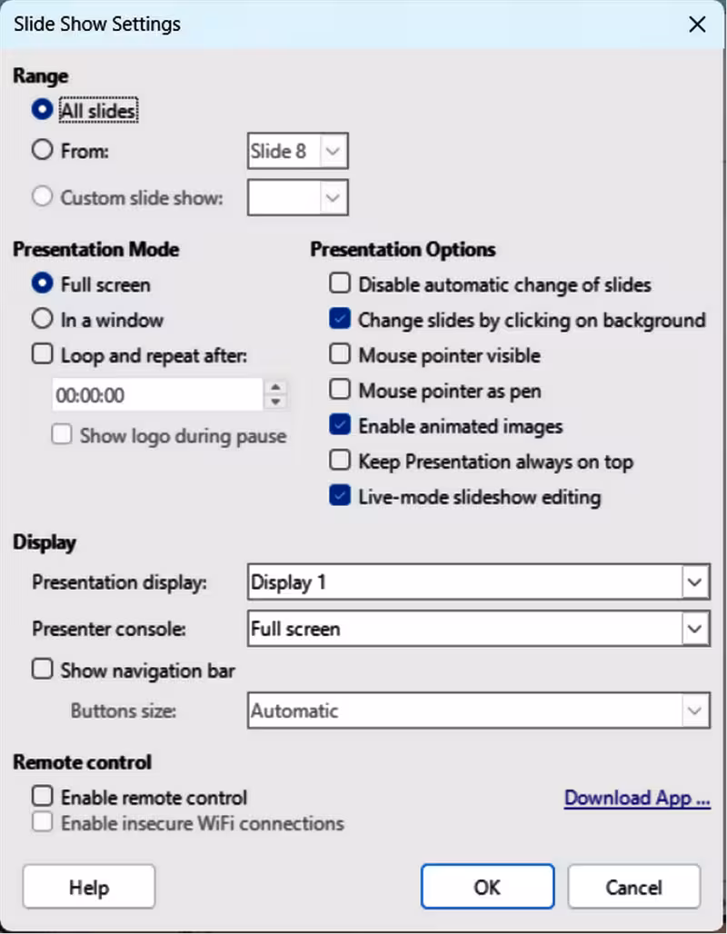 Slide Show Settings dialog
