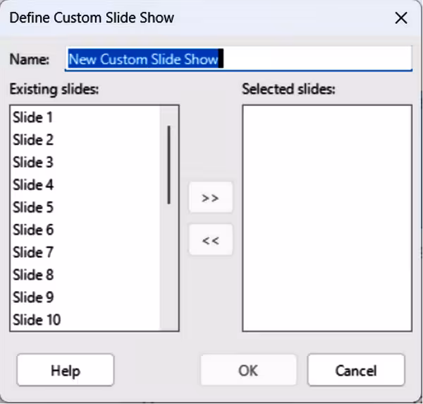 Define Custom Slide Show dialog