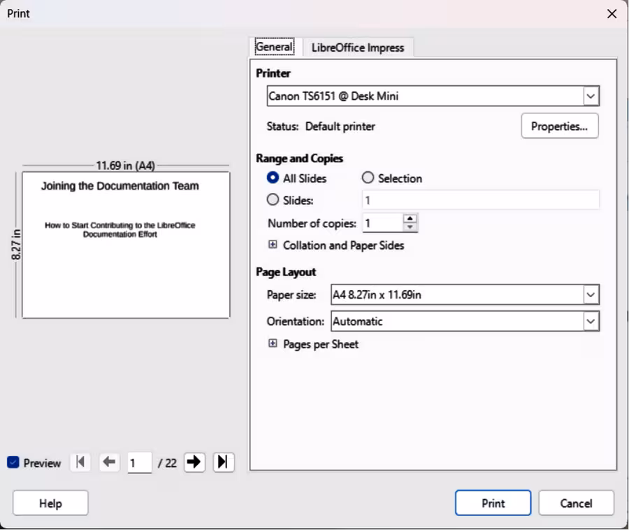 Print dialog — General — Windows/Linux