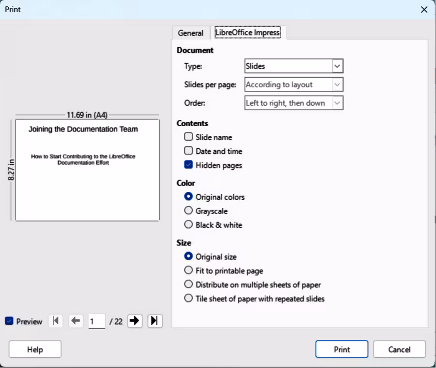 Print dialog — LibreOffice Impress — Windows/Linux