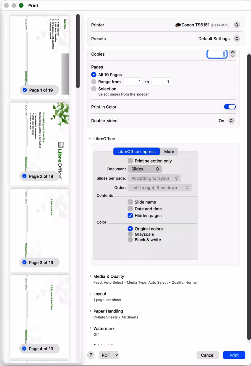 Print dialog — LibreOffice Impress — macOS