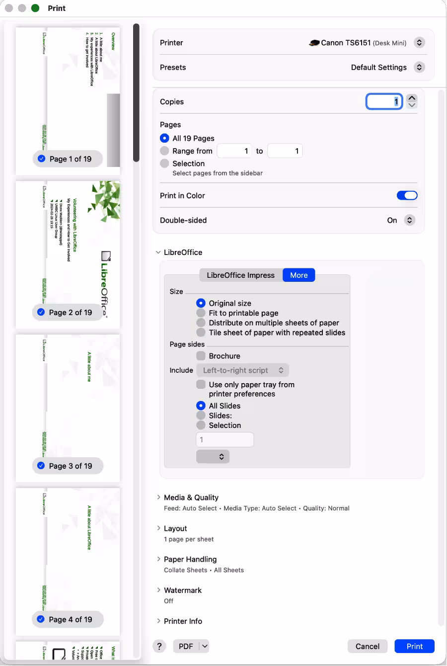 Print dialog — LibreOffice Impress — More — macOS