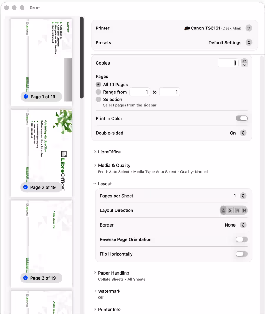 Print dialog — LibreOffice Impress — Layout — macOS