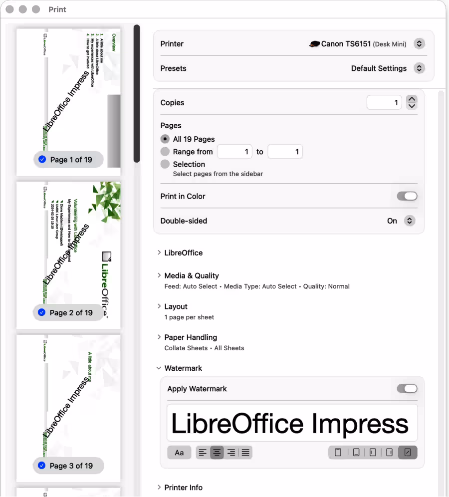 Print dialog — LibreOffice Impress — Watermark — macOS
