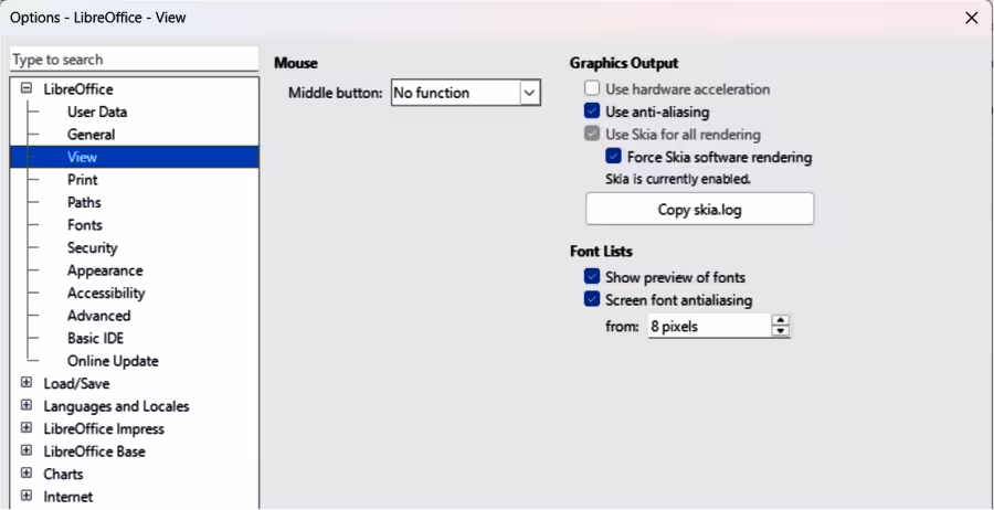 Options LibreOffice dialog — View page