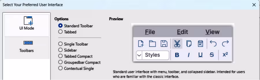 Select Your Preferred User Interface dialog