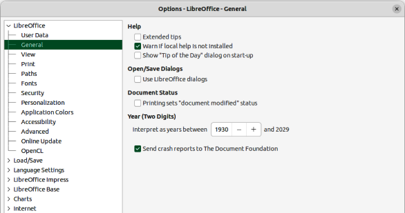 Figure 1: Options LibreOffice — General page