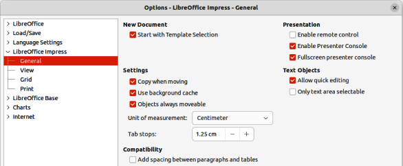 Figure 17: Options LibreOffice Impress dialog — General page