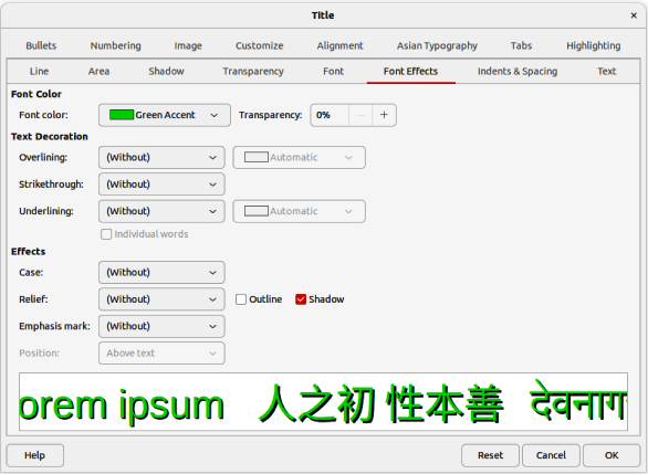 Figure 20: Example dialog for formatting Title style