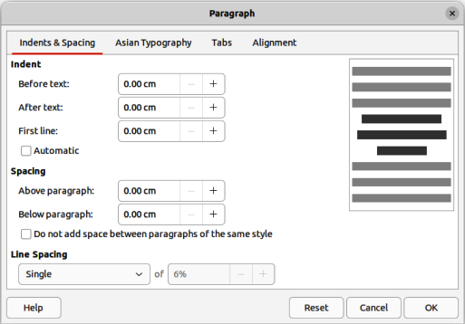Figure 21: Paragraph dialog — Indents & Spacing page