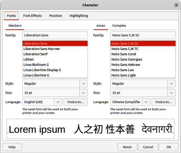 Figure 23: Character dialog — Fonts page