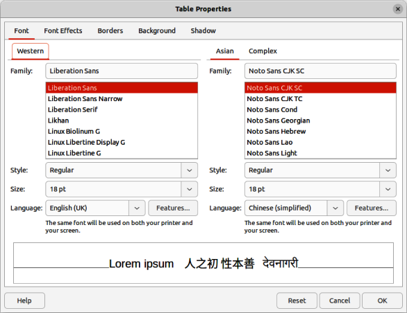 Figure 43: Table Properties dialog — Font page