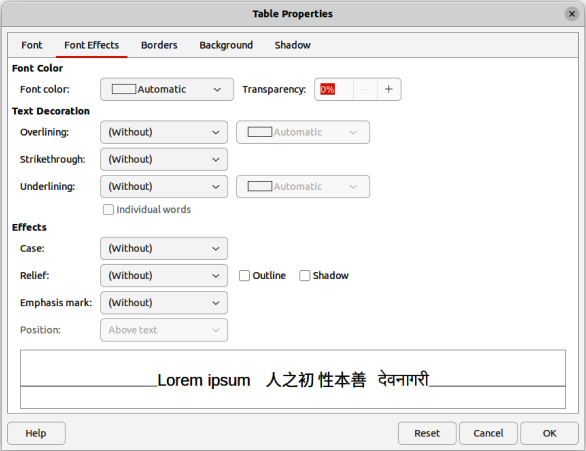 Figure 44: Table Properties dialog — Font Effects page