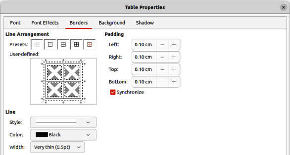 Figure 45: Table Properties dialog — Borders page