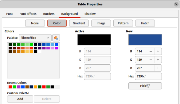 Figure 46: Table Properties dialog — Backgrounds page