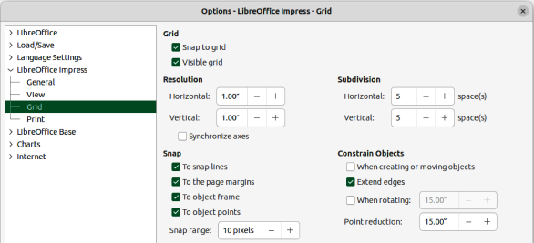 Figure 30: Options LibreOffice Impress dialog — Grid page