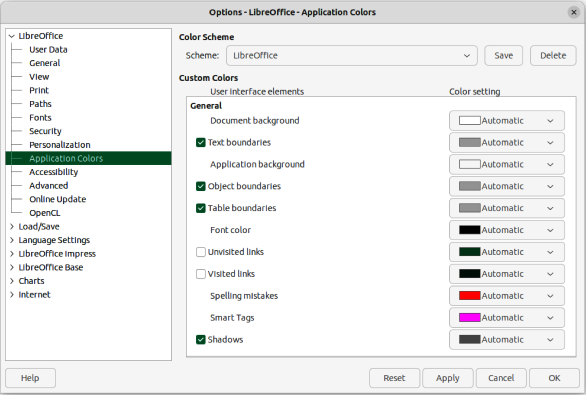 Figure 32: Options LibreOffice dialog — Application Colors page