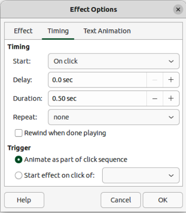 Figure 53: Effect Options dialog — Timing page