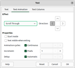 Figure 27: Text dialog — Text Animation page