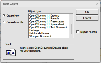 Figure 3: Insert OLE Object dialog — Further Objects page