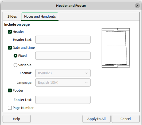 Figure 19: Header and Footer dialog — Notes and Handouts page