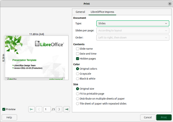Figure 20: Print dialog — LibreOffice Impress — Linux or Windows