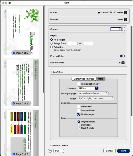 Figure 21: Print dialog — LibreOffice Impress — macOS