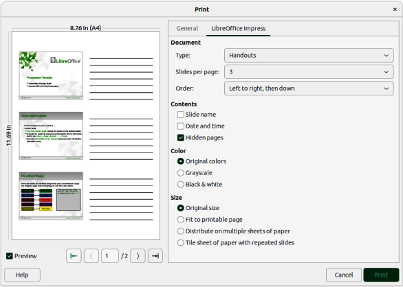 Figure 24: Example Print dialog — LibreOffice Impress — Handouts page