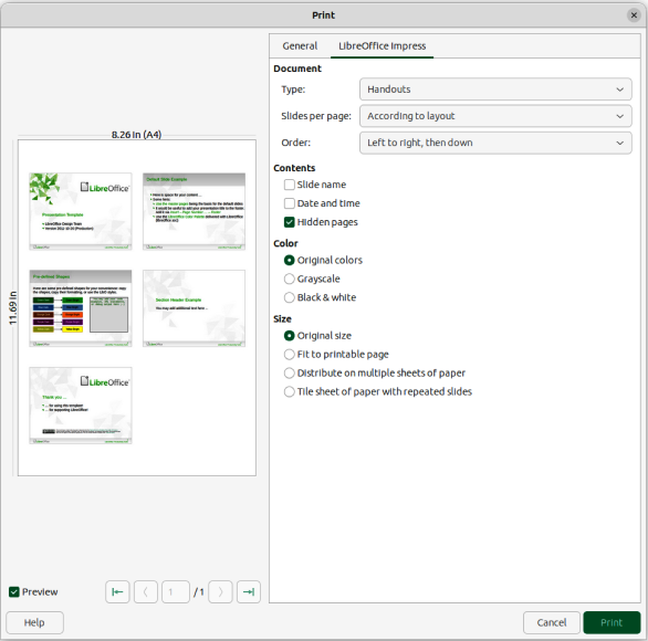 Figure 7: Print dialog — LibreOffice Impress page — Linux or Windows