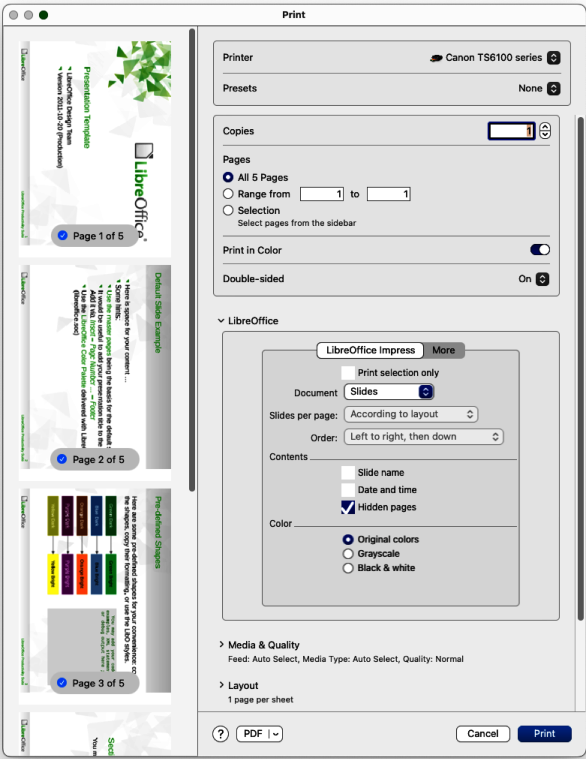 Figure 8: Print dialog — LibreOffice Impress — macOS