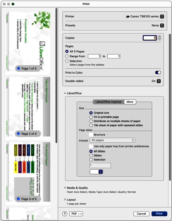 Figure 9: Print dialog — LibreOffice Impress — More page — macOS