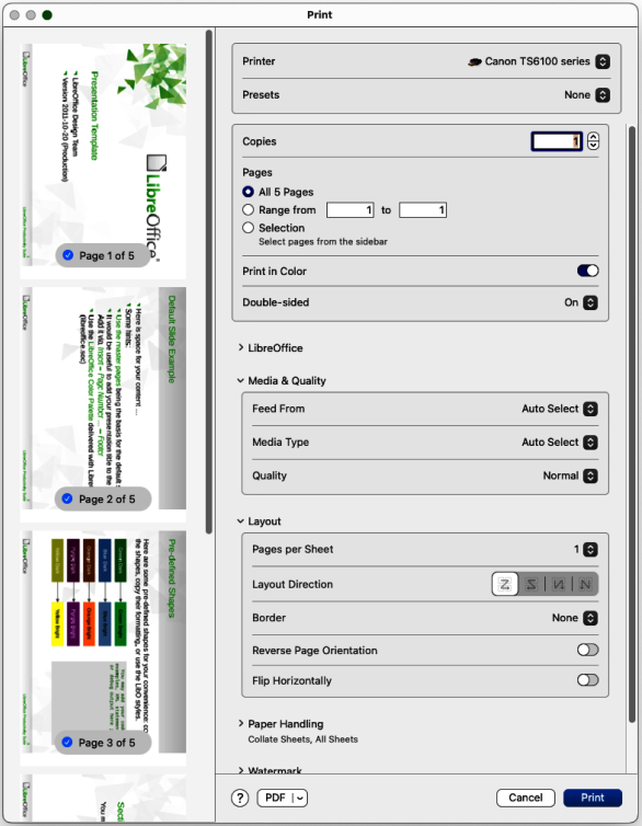 Figure 10: Print dialog — Media and Layout page — macOS