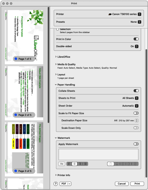 Figure 11: Print dialog — Paper Handling and Watermark page — macOS