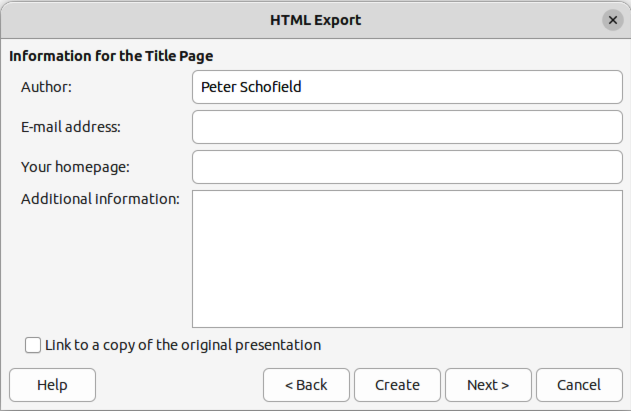 Figure 16: HTML export dialog — Title page