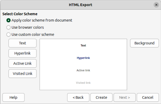 Figure 18: HTML Export dialog — Color Scheme page