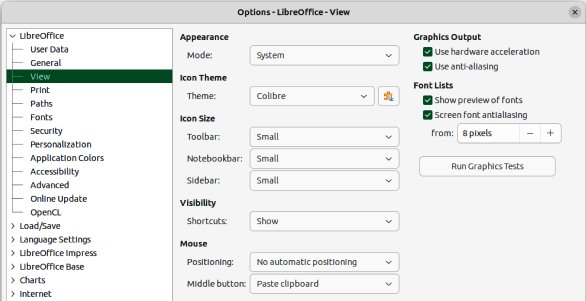 Figure 2: Options LibreOffice dialog — View page
