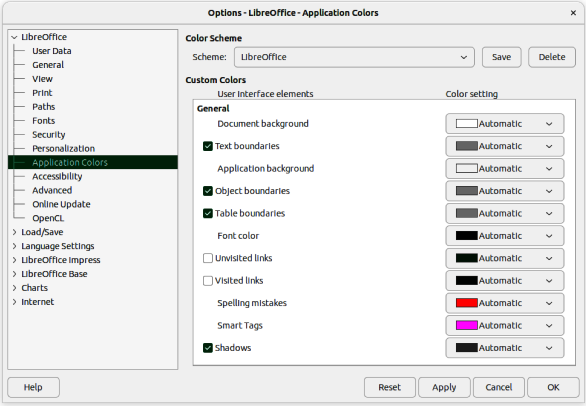 Figure 4: Options LibreOffice dialog — Application Colors page