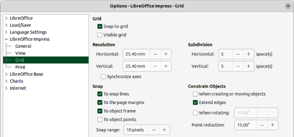 Figure 8: Options LibreOffice Impress dialog — Grid page