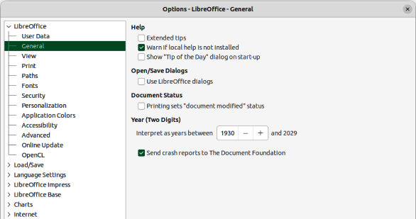 Options LibreOffice — General page