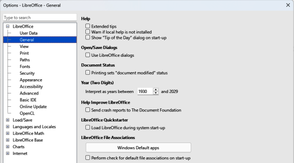 Options LibreOffice dialog — General page
