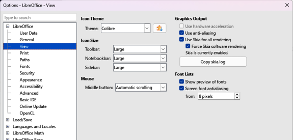 Options LibreOffice dialog — View page