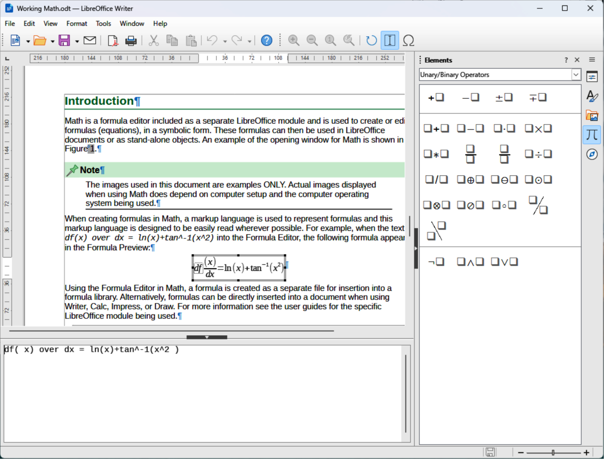 Example of creating a formula in Writer