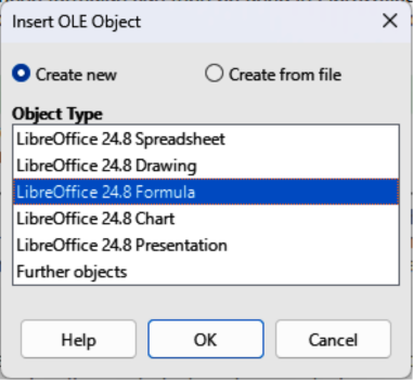 Insert OLE Object dialog