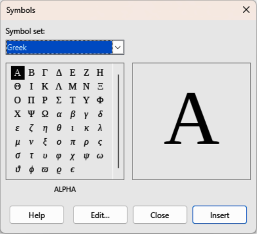 Symbols dialog — Greek
