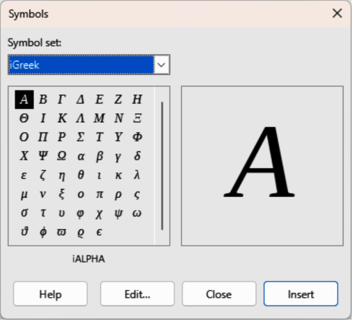 Symbols dialog — iGreek