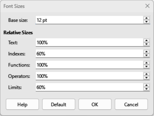 Font Sizes dialog